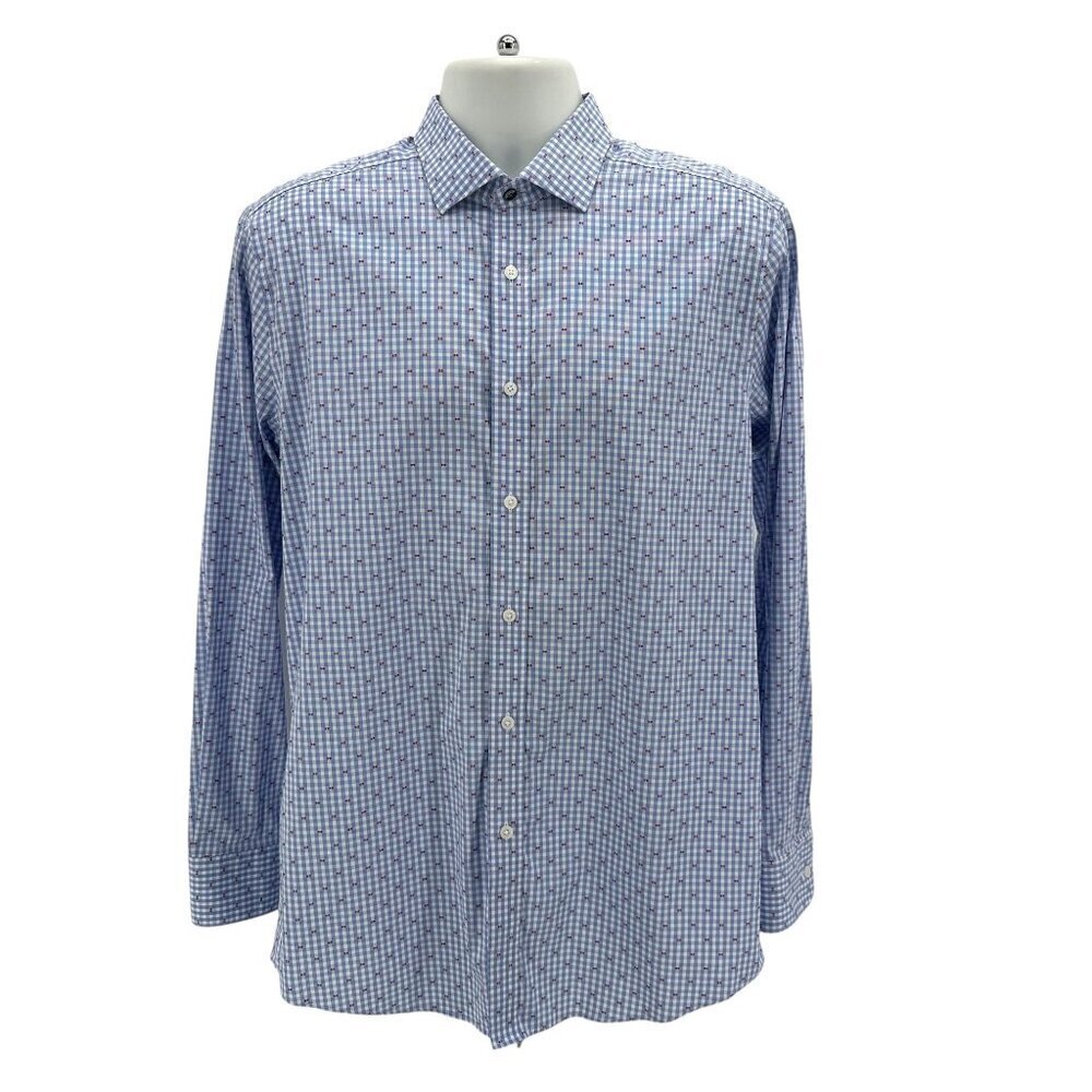 Psycho Bunny Modern Fit Stretch Non Iron Checker Blue White Red Shirt 16 34/35